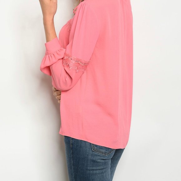 SOLD Coral Long Sleeve Lace Detail Neck Tie Blouse - Picture 2 of 3